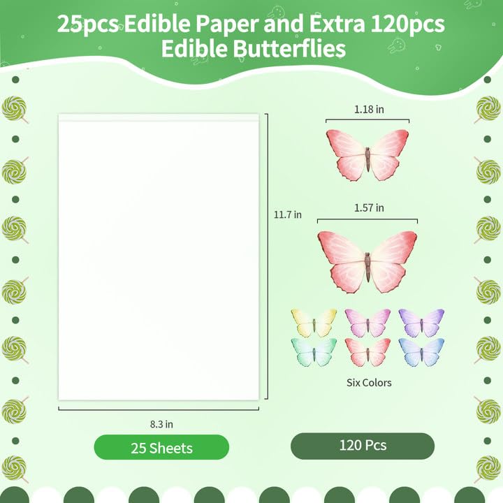 Edible Paper, Frosting Sheets A4 Size with 120pcs Wafer Butterflies, Icing Sheets for Cakes Printable, Edible Image Paper, Sugar Sheet for Cupcake Toppers, Cake Decorations