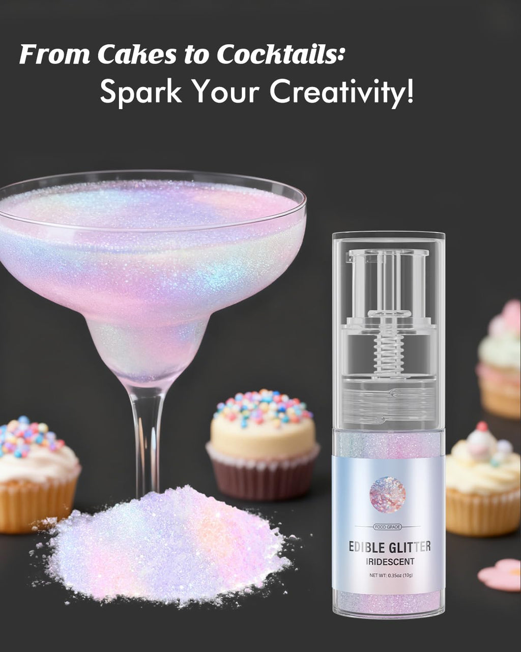 Iridescent 10g Edible Glitter Spray for Drink, Food Grade Luster Dust, Edible Glitter for Cocktails, Edible Shimmer Powder for Cupcakes, Strawberries, Chocolate