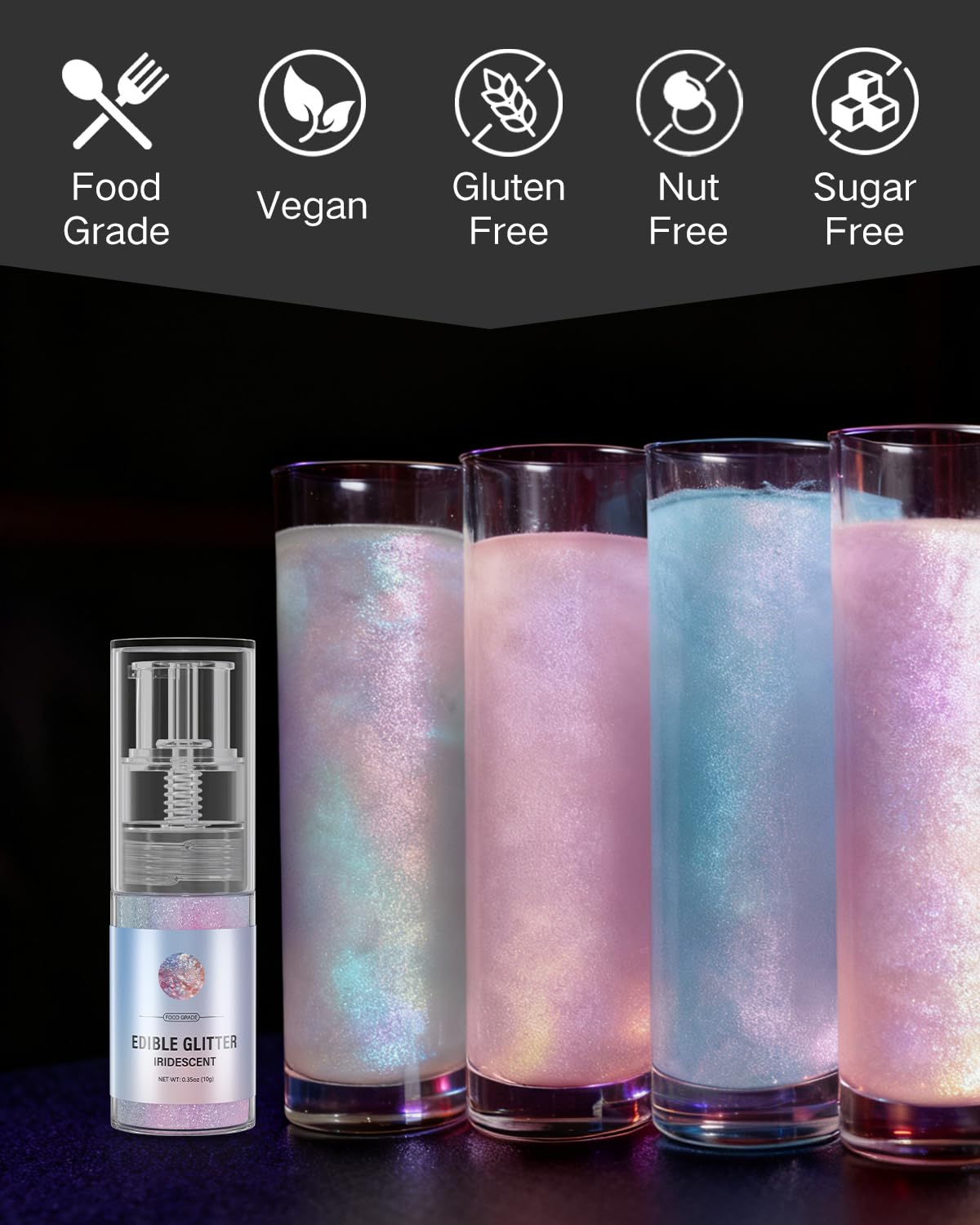 Iridescent 10g Edible Glitter Spray for Drink, Food Grade Luster Dust, Edible Glitter for Cocktails, Edible Shimmer Powder for Cupcakes, Strawberries, Chocolate