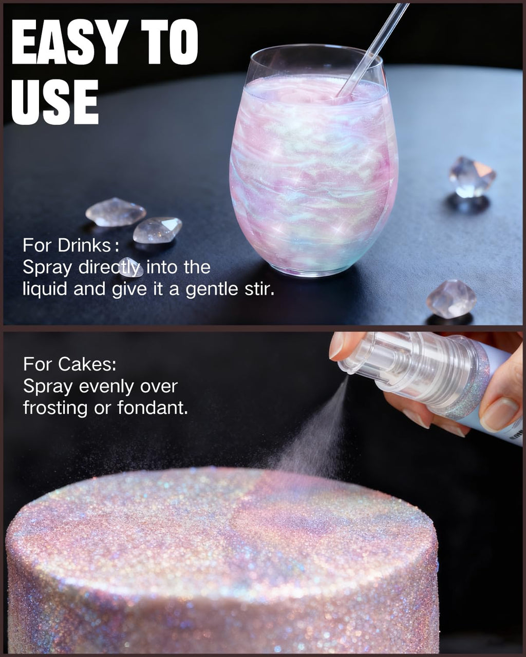 Iridescent 10g Edible Glitter Spray for Drink, Food Grade Luster Dust, Edible Glitter for Cocktails, Edible Shimmer Powder for Cupcakes, Strawberries, Chocolate